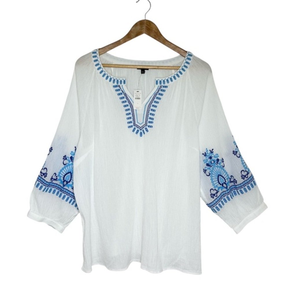 Talbots Cotton Crinkle Gauze‎ Blue Embroidery White Boho Coastal Top L